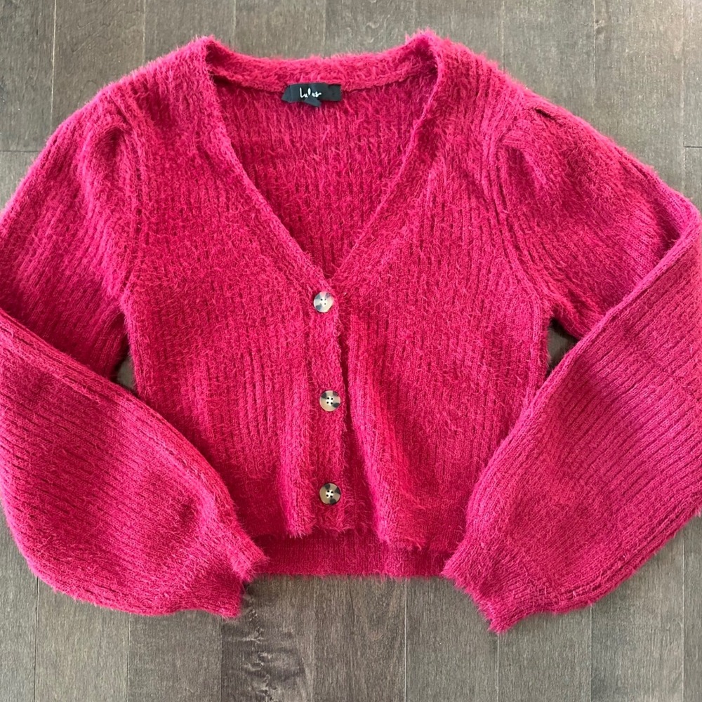 Lulus Chunky‎ Knit Cropped Cardigan Holidays Festive Romantic Red Pink XS